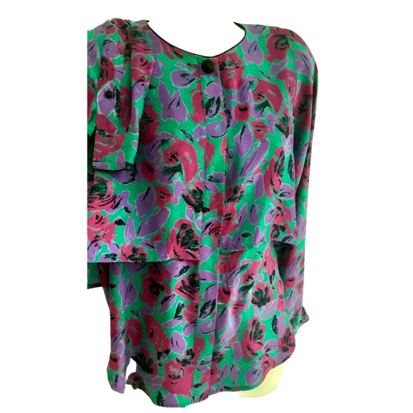 Flora Kung Silk Top Blouse Long Sleeve Floral Purple Teal Button Shirt 8 M VTG - Picture 5 of 10